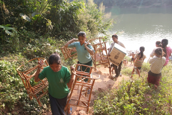 The entire village went to work by bringing the water filters up the steep river bank